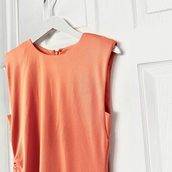 Evereve Zoe Strong Shoulder Ruched Midi Minimalist Slip Dress Orange Sorbet S - Picture 6 of 12